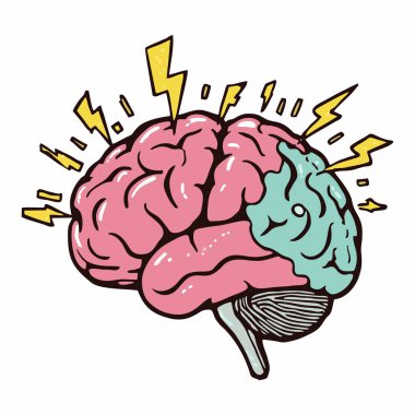 Enerji, yaratıcılık ve güçlü düşünceyi sembolize eden yıldırımlarla insan beyninin renkli çizgi film tarzı bir çizimi..