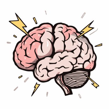 Enerji, yaratıcılık ve güçlü düşünceyi sembolize eden yıldırımlarla insan beyninin renkli çizgi film tarzı bir çizimi..