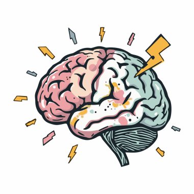 Enerji, yaratıcılık ve güçlü düşünceyi sembolize eden yıldırımlarla insan beyninin renkli çizgi film tarzı bir çizimi..