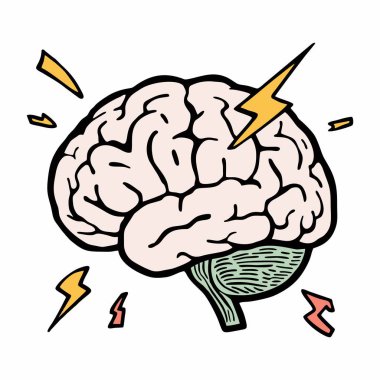 Enerji, yaratıcılık ve güçlü düşünceyi sembolize eden yıldırımlarla insan beyninin renkli çizgi film tarzı bir çizimi..
