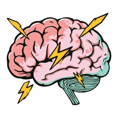 Enerji, yaratıcılık ve güçlü düşünceyi sembolize eden yıldırımlarla insan beyninin renkli çizgi film tarzı bir çizimi..