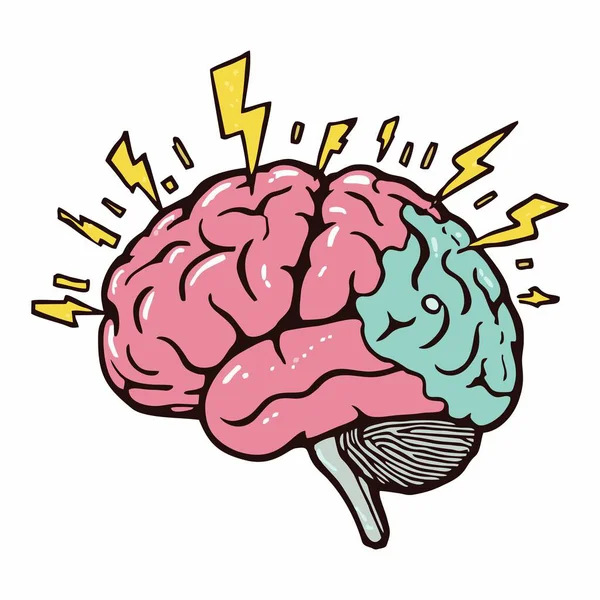 Enerji, yaratıcılık ve güçlü düşünceyi sembolize eden yıldırımlarla insan beyninin renkli çizgi film tarzı bir çizimi..