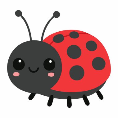 Parlak kırmızı kabuklu ve siyah benekli gülümseyen uğur böceğinin çizgi film çizimi.