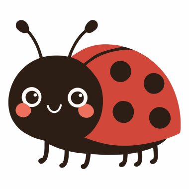 Parlak kırmızı kabuklu ve siyah benekli gülümseyen uğur böceğinin çizgi film çizimi.