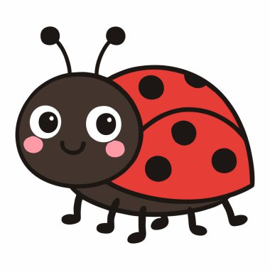 Parlak kırmızı kabuklu ve siyah benekli gülümseyen uğur böceğinin çizgi film çizimi.