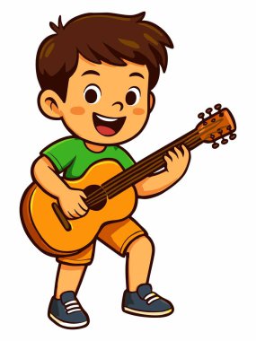 Gitar çalan bir çocuğun şirin çizgi film çizimi