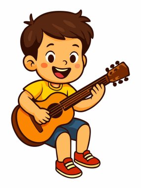 Gitar çalan bir çocuğun şirin çizgi film çizimi