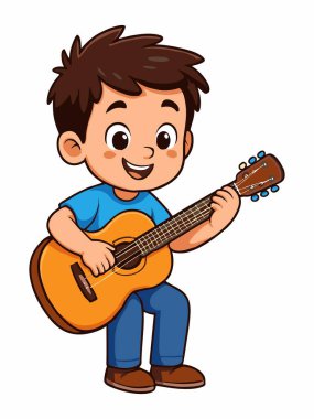 Gitar çalan bir çocuğun şirin çizgi film çizimi