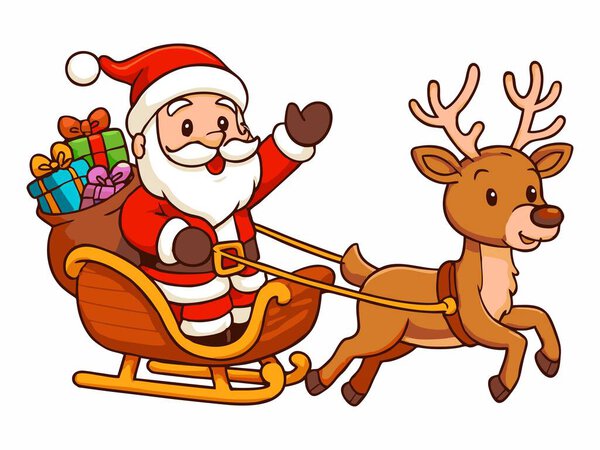 Cartoon illustration of Santa Claus and reindeer sleigh with gifts