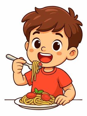 Masada yemeğin keyfini çıkaran bir çocuğun neşeli bir çizimi..