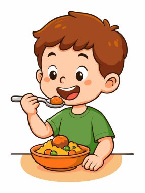 Masada yemeğin keyfini çıkaran bir çocuğun neşeli bir çizimi..