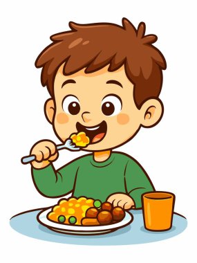 Masada yemeğin keyfini çıkaran bir çocuğun neşeli bir çizimi..