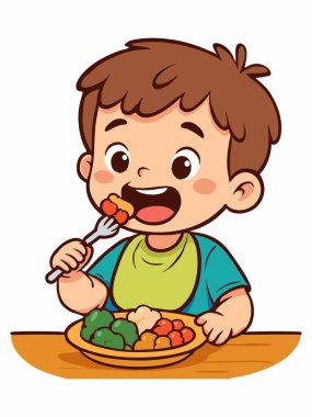 Masada yemeğin keyfini çıkaran bir çocuğun neşeli bir çizimi..