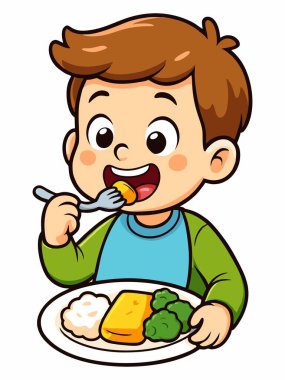 Masada yemeğin keyfini çıkaran bir çocuğun neşeli bir çizimi..