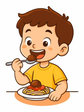 Masada yemeğin keyfini çıkaran bir çocuğun neşeli bir çizimi..