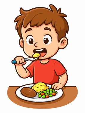 Masada yemeğin keyfini çıkaran bir çocuğun neşeli bir çizimi..