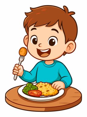 Masada yemeğin keyfini çıkaran bir çocuğun neşeli bir çizimi..