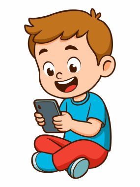 Yerde oturmuş akıllı telefonuyla oynayan neşeli bir çocuğun çizgi film çizimi..