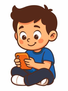 Yerde oturmuş akıllı telefonuyla oynayan neşeli bir çocuğun çizgi film çizimi..