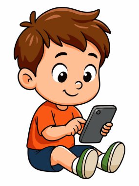 Yerde oturmuş akıllı telefonuyla oynayan neşeli bir çocuğun çizgi film çizimi..