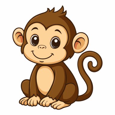 Bebek bir maymunun büyük bir gülümsemeyle mutlu bir şekilde oturduğu sevimli bir çizgi film çizimi..