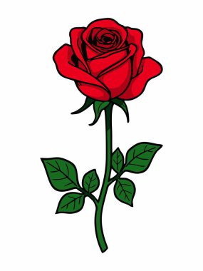 Yeşil yapraklı kırmızı bir gül ve detaylı bir gövde..