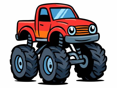 Büyük lastikleri ve off-road tasarımı olan canavar bir kamyonun karikatür çizimi