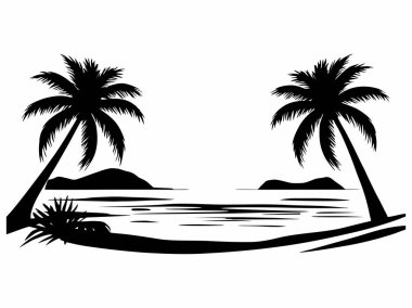 Hindistan cevizi ağaçları ve adaları olan tropikal bir plajın siyah beyaz çizimi