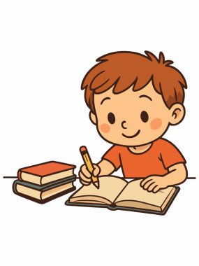 Kalem ve açık bir kitapla çalışan bir çocuğun çizgi film çizimi