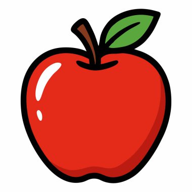 Yeşil yapraklı ve kalın siyah çizgileri olan kırmızı bir elma tasviri