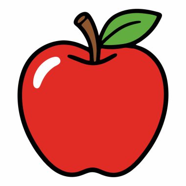 Yeşil yapraklı ve kalın siyah çizgileri olan kırmızı bir elma tasviri