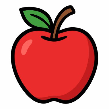 Yeşil yapraklı ve kalın siyah çizgileri olan kırmızı bir elma tasviri