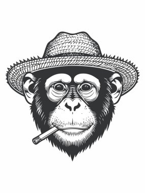 Hasır şapka takıp sigara içen bir maymunun vektör çizimi