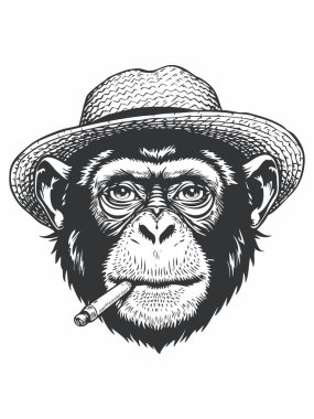 Hasır şapka takıp sigara içen bir maymunun vektör çizimi