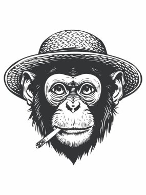 Hasır şapka takıp sigara içen bir maymunun vektör çizimi