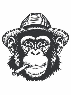 Hasır şapka takıp sigara içen bir maymunun vektör çizimi