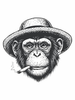 Hasır şapka takıp sigara içen bir maymunun vektör çizimi