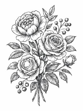 Klasik bir gül buketinin siyah beyaz çizimi