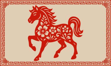 Ilustrasi potongan kertas geleneksel Cina tentang shio Kuda.