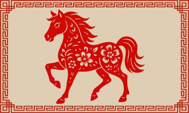 Ilustrasi potongan kertas geleneksel Cina tentang shio Kuda.