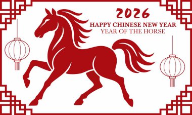 Çin Yeni Yılı 2026 Kutlaması, Atın Kırmızı Dekoratif İllüstrasyonu