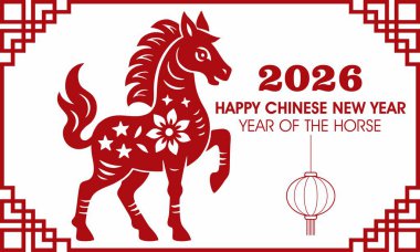 Çin Yeni Yılı 2026 Kutlaması, Atın Kırmızı Dekoratif İllüstrasyonu