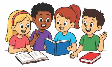 Çocukların birlikte okuduğu çizgi film çizimleri