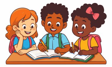 Çocukların birlikte okuduğu çizgi film çizimleri