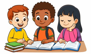 Çocukların birlikte okuduğu çizgi film çizimleri