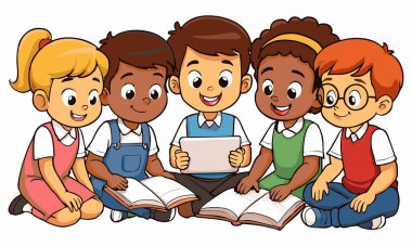 Çocukların birlikte okuduğu çizgi film çizimleri