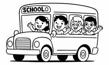 Bir okul otobüsü dolusu neşeli öğrencinin siyah beyaz çizimi.