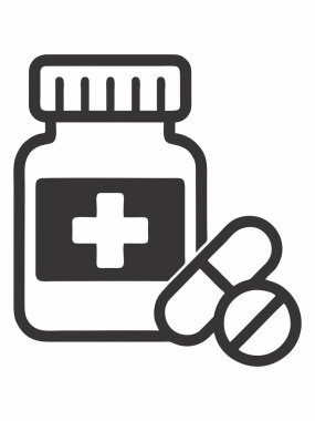 Siyah beyaz ilaç şişesi ve hap ikonu