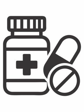 Siyah beyaz ilaç şişesi ve hap ikonu