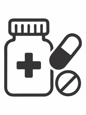 Siyah beyaz ilaç şişesi ve hap ikonu